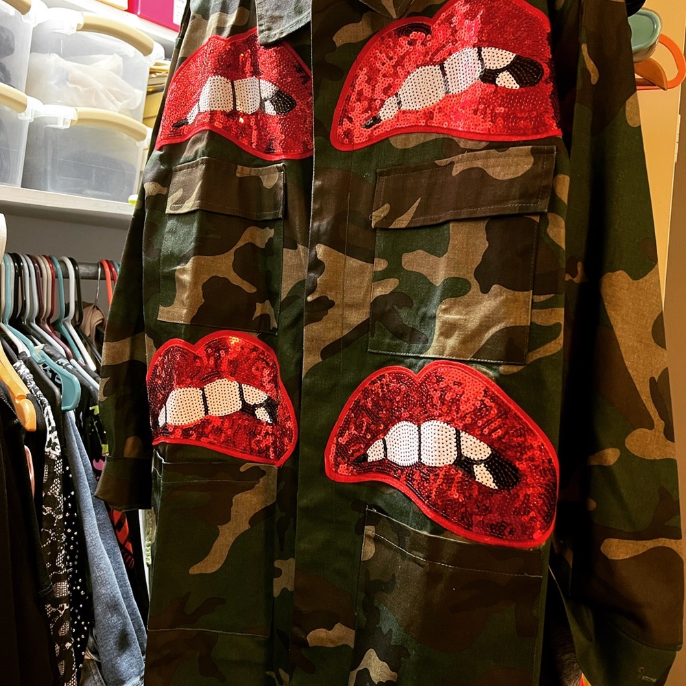 Camouflage Jacket with Red Sequin Lips